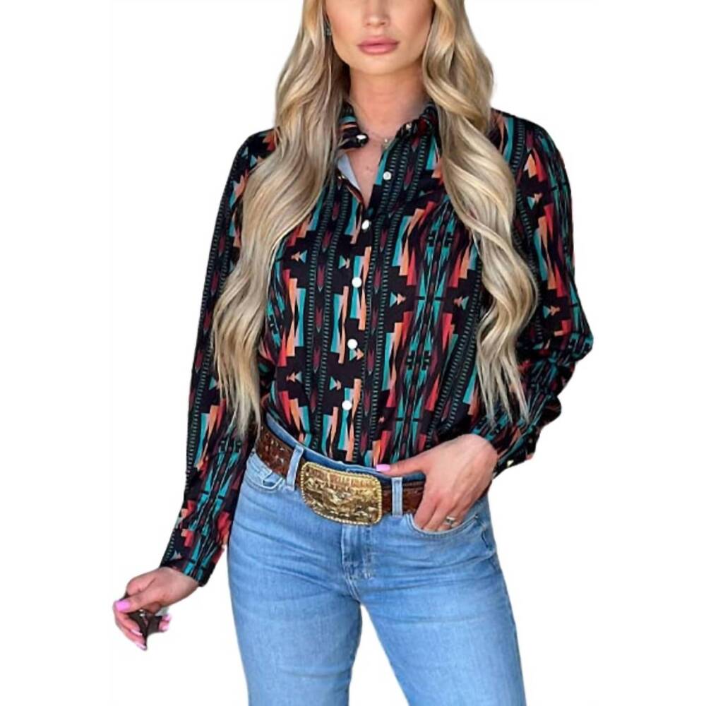 NEW STERLING KREEK indian outlaw snap front long sleeve shirt in blue multi